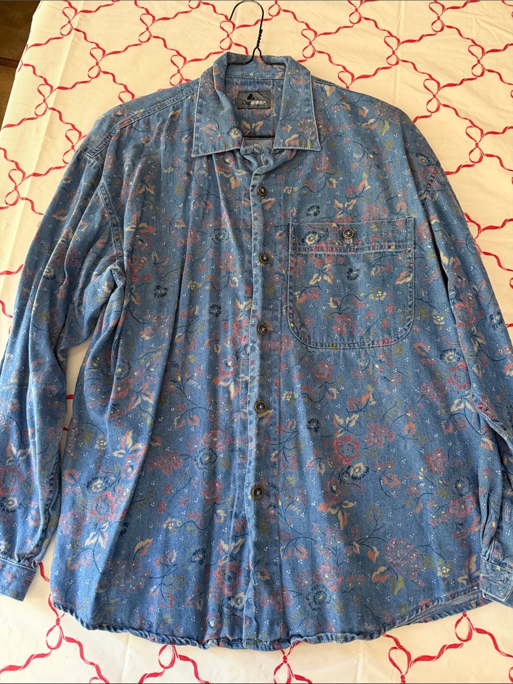 Vintage-Inspired Blue Floral Button-Front Blouse, heavy cotton. Cute with jeans.